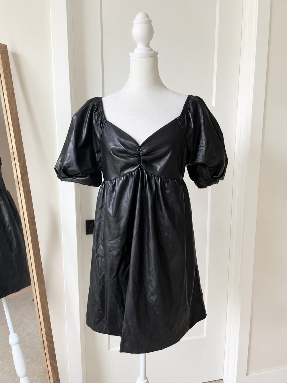 English Factory Black Puff Sleeve Faux Leather Babydoll Dress